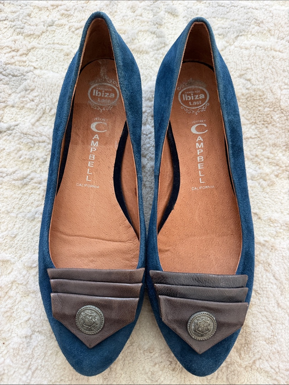 Jeffrey Campbell Reagle Blue Suede Pointed Toe Flats with Brown Trim